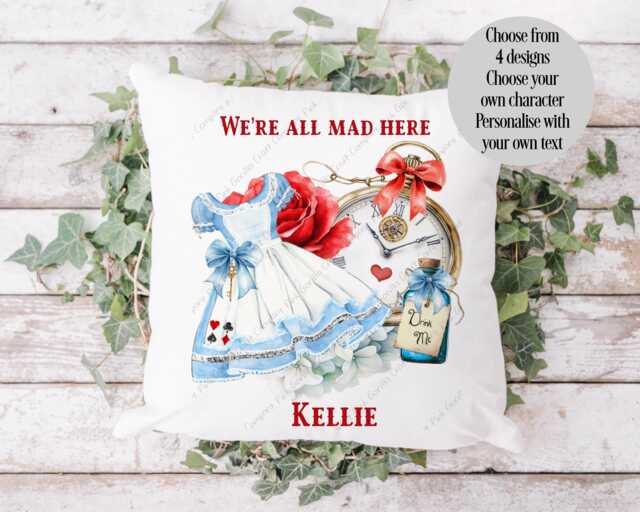 Alice in Wonderland Cushion, Fairytale Gift, Gift For Girl, Her, We're All Mad Mad Hatter Tea Party - image 1