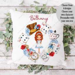Alice in Wonderland Cushion, Fairytale Gift, Gift For Girl, Her, We're All Mad Mad Hatter Tea Party - thumbnail 3