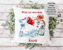 Alice in Wonderland Cushion, Fairytale Gift, Gift For Girl, Her, We're All Mad Mad Hatter Tea Party - thumbnail 1