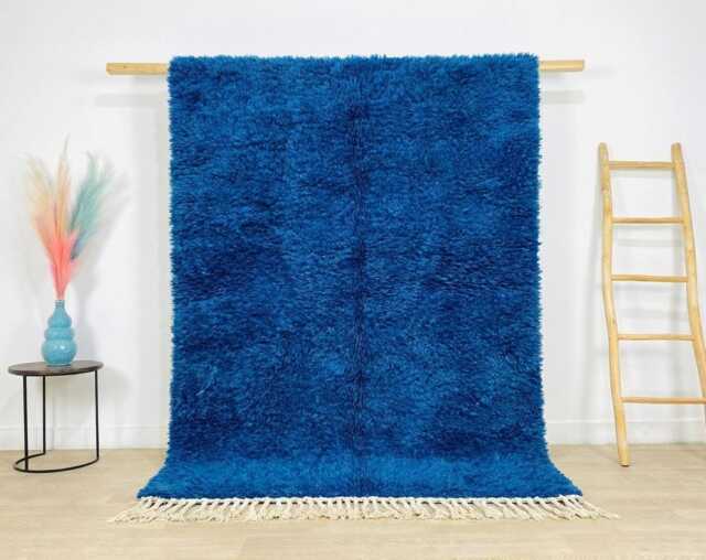 Solid Cobalt Blue Moroccan Rug, Minimalist Plush Berber Carpet, Large Handmade Wool Shag Modern Bold Decor, Custom Vibrant Area Mat - image 1