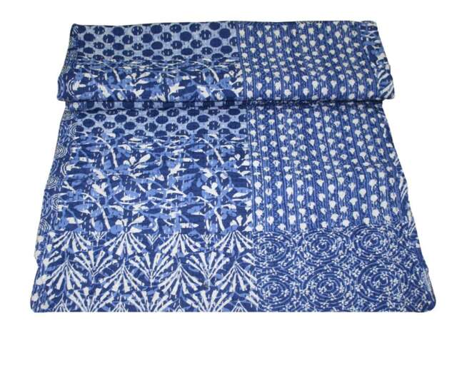 Hand Block Print Cotton Bed Runner, Reversible Kantha Quilt - 90x108 Inch - image 1