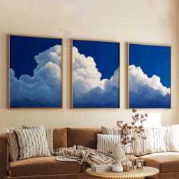 Blue Sky Cloud Wall Art Set Of 3 - Bright Modern Cloudscape Prints Minimalist Nature Artwork Calm Living Room Decor - thumbnail 3