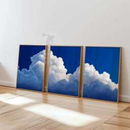 Blue Sky Cloud Wall Art Set Of 3 - Bright Modern Cloudscape Prints Minimalist Nature Artwork Calm Living Room Decor - thumbnail 1