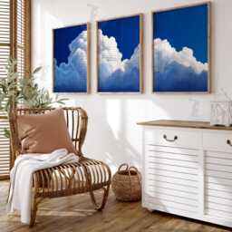Blue Sky Cloud Wall Art Set Of 3 - Bright Modern Cloudscape Prints Minimalist Nature Artwork Calm Living Room Decor - thumbnail 2