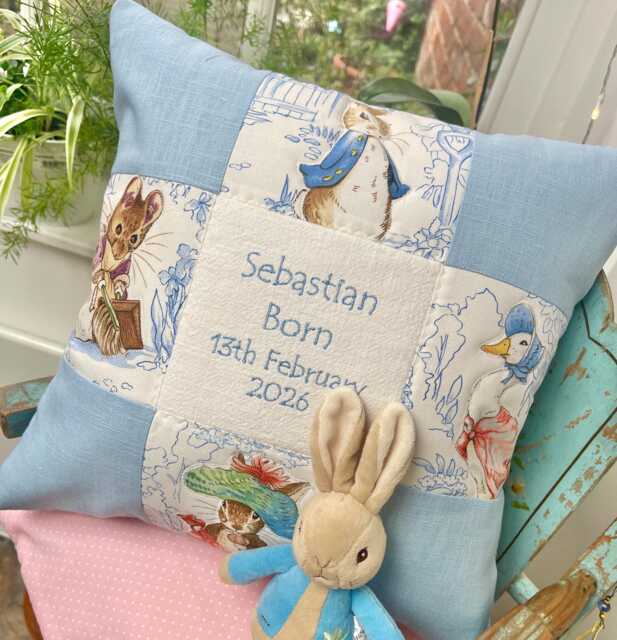 Patchwork Beatrix Potter?? Name & Date Cushion - Personalised New Baby Cushion Peter Rabbit Personalized Christening Pillow Newborn - image 1