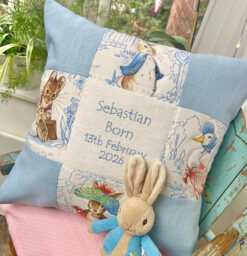Patchwork Beatrix Potter?? Name & Date Cushion - Personalised New Baby Cushion Peter Rabbit Personalized Christening Pillow Newborn - thumbnail 1