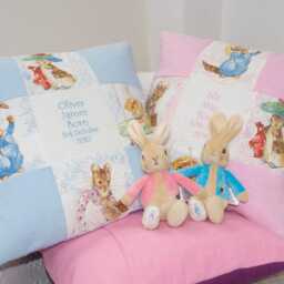 Patchwork Beatrix Potter?? Name & Date Cushion - Personalised New Baby Cushion Peter Rabbit Personalized Christening Pillow Newborn - thumbnail 4