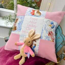 Patchwork Beatrix Potter?? Name & Date Cushion - Personalised New Baby Cushion Peter Rabbit Personalized Christening Pillow Newborn - thumbnail 2