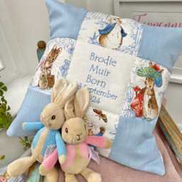 Patchwork Beatrix Potter?? Name & Date Cushion - Personalised New Baby Cushion Peter Rabbit Personalized Christening Pillow Newborn - thumbnail 3