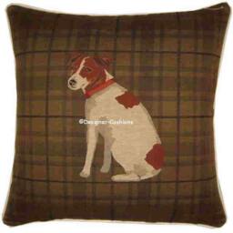 Jack Russell Sitting Dark Check Tapestry Cushion Cover Sham - thumbnail 1