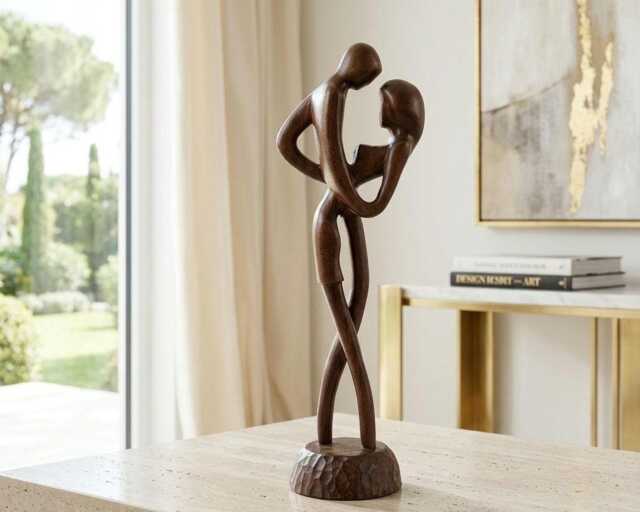Modern Wood Statuette in The Mood Of Jazz - Boho Home Decor Hand Carved Couple Sculpture - image 1