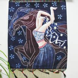 Vintage , Batik Painting Tapestry, The Horse Lady, Good Luck, Indigo Wall Hanging - thumbnail 2