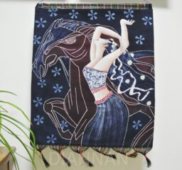 Vintage , Batik Painting Tapestry, The Horse Lady, Good Luck, Indigo Wall Hanging - thumbnail 1
