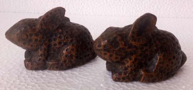 Hand Carved Wooden Rabbit Figurine Pair Copper Fitted Indian Decor Art - image 1
