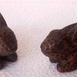 Hand Carved Wooden Rabbit Figurine Pair Copper Fitted Indian Decor Art - thumbnail 3