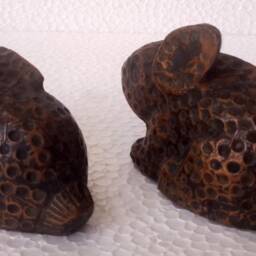 Hand Carved Wooden Rabbit Figurine Pair Copper Fitted Indian Decor Art - thumbnail 4