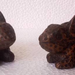 Hand Carved Wooden Rabbit Figurine Pair Copper Fitted Indian Decor Art - thumbnail 2