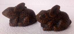 Hand Carved Wooden Rabbit Figurine Pair Copper Fitted Indian Decor Art - thumbnail 1