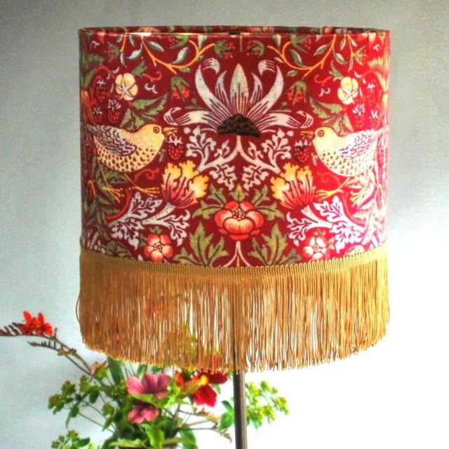 Handmade William Morris Strawberry Thief Lampshade Red Velvet With Gold Fringe - image 1