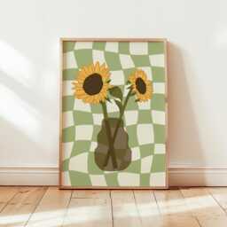 Green Sunflower Flower Print, Checkered Prints, Bold Colourful Wall Artwork, Abstract Vase, Unframed Prints - thumbnail 1