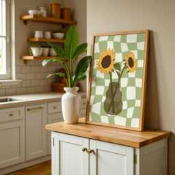 Green Sunflower Flower Print, Checkered Prints, Bold Colourful Wall Artwork, Abstract Vase, Unframed Prints - thumbnail 3