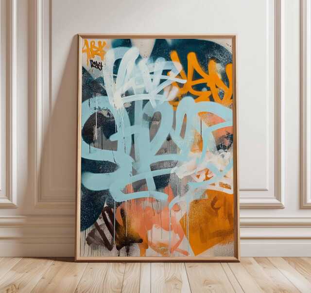 Abstract Graffiti Wall Art Print, Urban Street Style Poster, Modern Blue & Orange Painting, Contemporary Home Decor - image 1