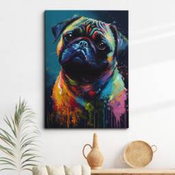 Pug Puppy Dog Animal Abstract Oil Painting Splatter Dripping Style Wall Art, Framed Canvas Poster Print, Home Kitchen Office Room Decor - thumbnail 1