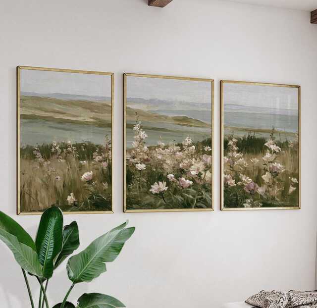 Floral Meadow Trio, Pink Landscape Wall Art Set - image 1