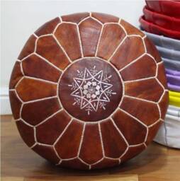 Premium Genuine Leather Moroccan Pouf Pouffe - Cognac