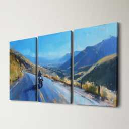 Motorcycle Mountain Pass 3 Panel Split Canvas Wall Art Scenic Road & Sky Oil Painting Framed Home Biker Adventure Decor Gift - thumbnail 1