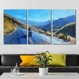 Motorcycle Mountain Pass 3 Panel Split Canvas Wall Art Scenic Road & Sky Oil Painting Framed Home Biker Adventure Decor Gift - thumbnail 2
