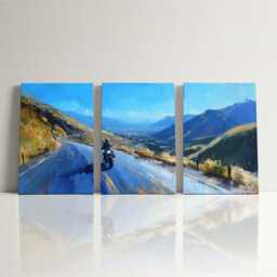 Motorcycle Mountain Pass 3 Panel Split Canvas Wall Art Scenic Road & Sky Oil Painting Framed Home Biker Adventure Decor Gift - thumbnail 3