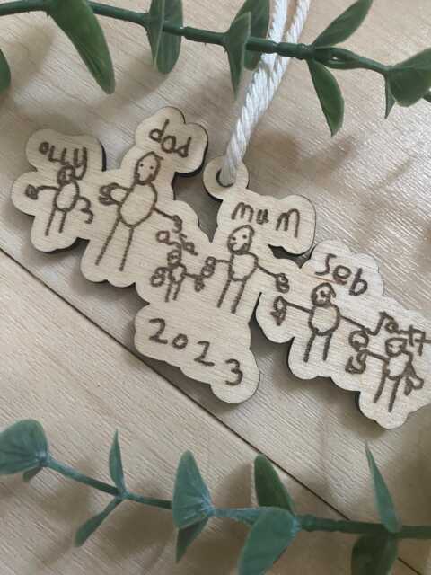 Personalised Wooden Decoration, Children's Drawing Christmas Ornaments, Kids Artwork Bauble, Tree Decor Engraved - image 1
