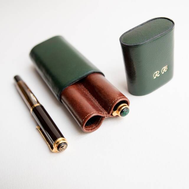 Two-Pen Case Green Brown Vegetable Tanned Leather, Inner Diameter Fit 13-15 Mm - image 1