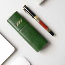 Two-Pen Case Green Brown Vegetable Tanned Leather, Inner Diameter Fit 13-15 Mm - thumbnail 2