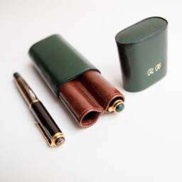 Two-Pen Case Green Brown Vegetable Tanned Leather, Inner Diameter Fit 13-15 Mm - thumbnail 1