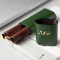 Two-Pen Case Green Brown Vegetable Tanned Leather, Inner Diameter Fit 13-15 Mm - thumbnail 3