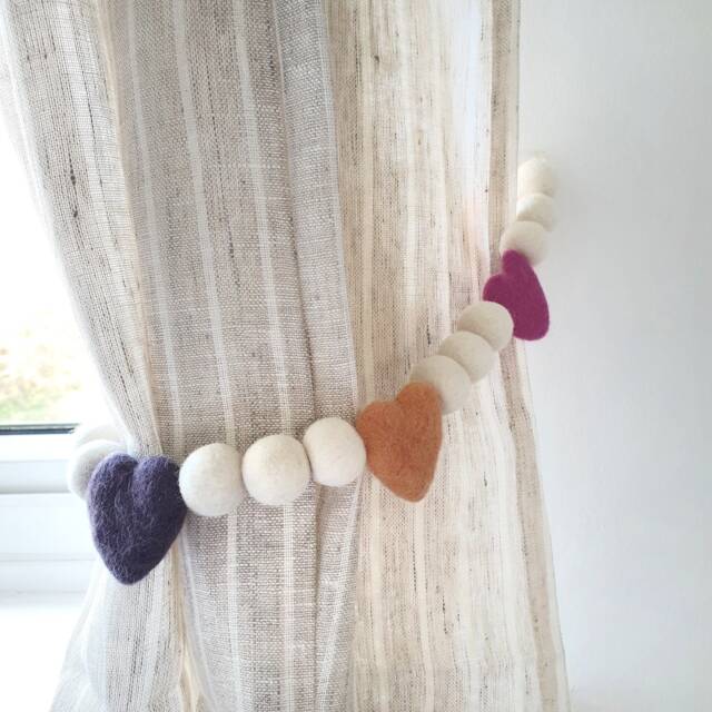 Candy Hearts Curtain Felt Ball Pom Tie Backs - image 1