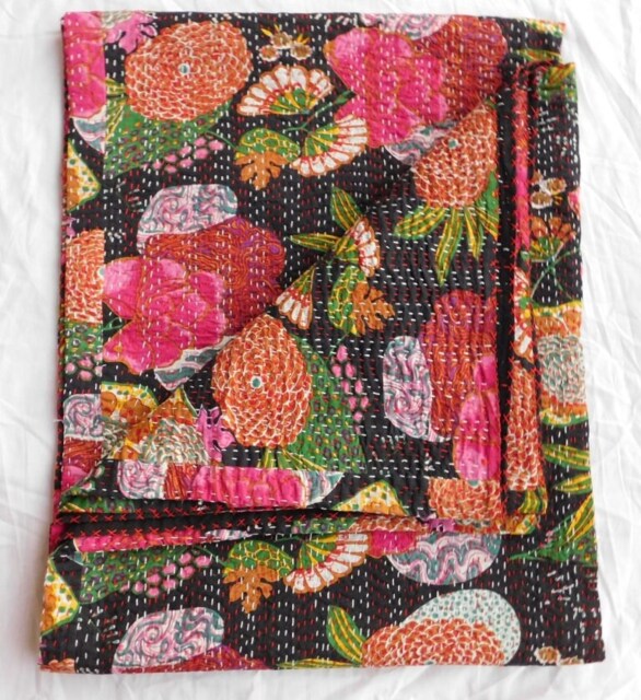 Tropicana Print Kantha Quilt, Reversible Cotton Bedspread, Queen/Twin - image 1