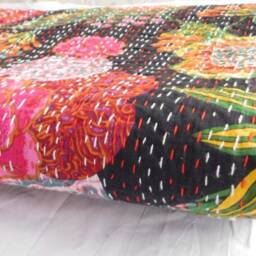 Tropicana Print Kantha Quilt, Reversible Cotton Bedspread, Queen/Twin - thumbnail 3