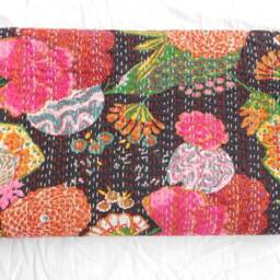 Tropicana Print Kantha Quilt, Reversible Cotton Bedspread, Queen/Twin - thumbnail 2
