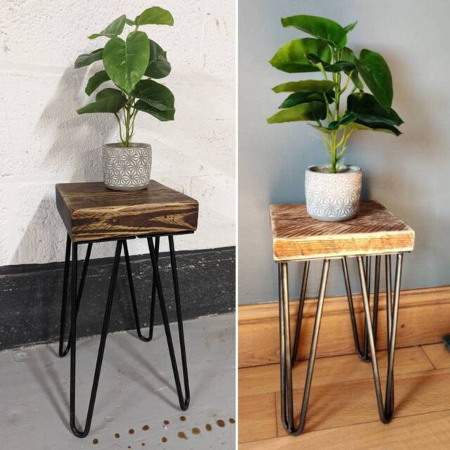 Square Rustic Chunky Plant Stand/ End Tables, With Steel Hairpin Legs - image 1