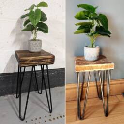 Square Rustic Chunky Plant Stand/ End Tables, With Steel Hairpin Legs