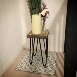 Square Rustic Chunky Plant Stand/ End Tables, With Steel Hairpin Legs - thumbnail 3