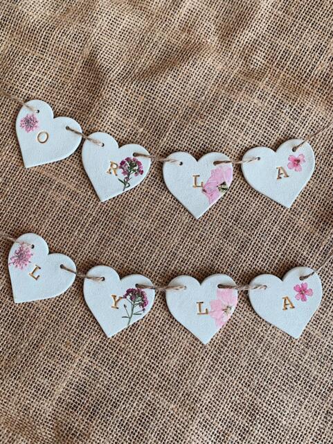 Personalized Clay Heart Bunting - Pressed Flower Name Garland Newborn Baby Nursery Wall Hanging - image 1