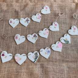 Personalized Clay Heart Bunting - Pressed Flower Name Garland Newborn Baby Nursery Wall Hanging - thumbnail 2
