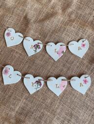 Personalized Clay Heart Bunting - Pressed Flower Name Garland Newborn Baby Nursery Wall Hanging - thumbnail 1