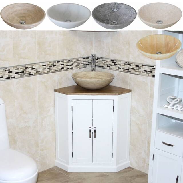 White Painted Bathroom Vanity Unit Oak Top Cabinet Corner Wash Stand & Marble Stone Basin 501Bpsbc - image 1