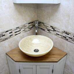 White Painted Bathroom Vanity Unit Oak Top Cabinet Corner Wash Stand & Marble Stone Basin 501Bpsbc - thumbnail 4