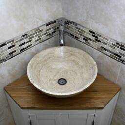 White Painted Bathroom Vanity Unit Oak Top Cabinet Corner Wash Stand & Marble Stone Basin 501Bpsbc - thumbnail 2